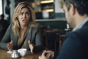 unhappy, angry and stressed couple sitting on a coffee shop together and arguing