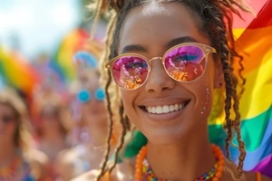 diverse group of people marching in a colorful parade holding rainbow flags and banners