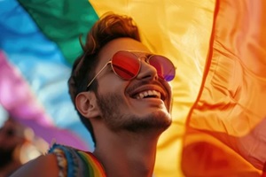 gay man smiling with rainbow flag