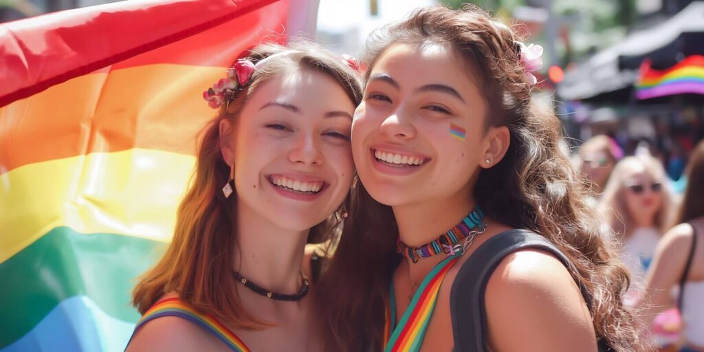 happy smiling young woman lesbian couple with lgtbq flags celebrating gay pride month together