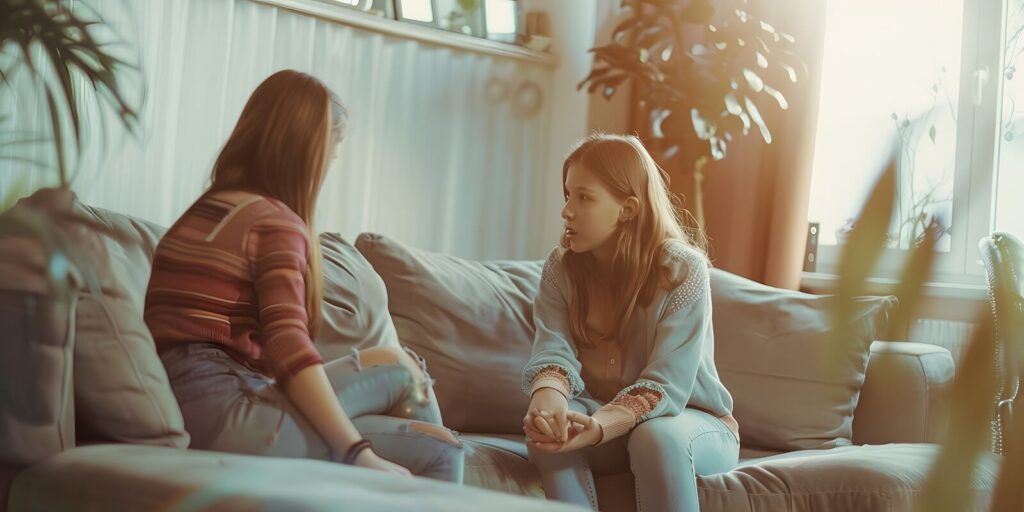 mother with her teenage daughter at meeting with social worker psychologist discussing mental health family sitting on sofa in psychotherapist office