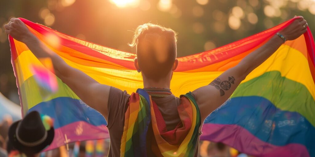 person holding rainbow flag at sunset