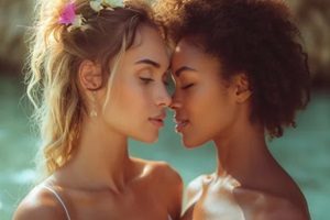 romantic lesbian couple by the sea