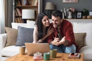 young couple having video call from Maryland home with their psychotherapist