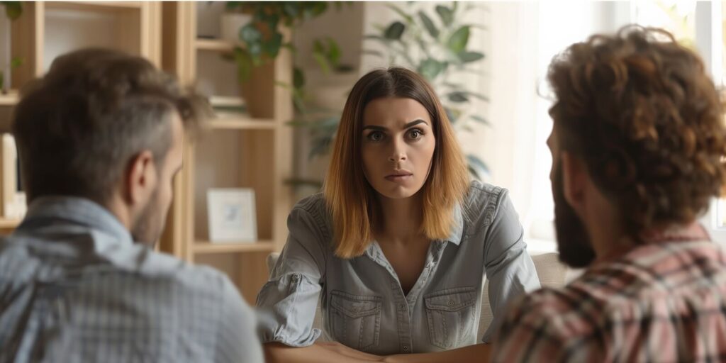 family mediation session with a professional mediator and a visibly upset couple