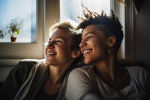 two optimistic lesbians looking in same direction