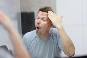 narcissistic man in front of mirror does his hair