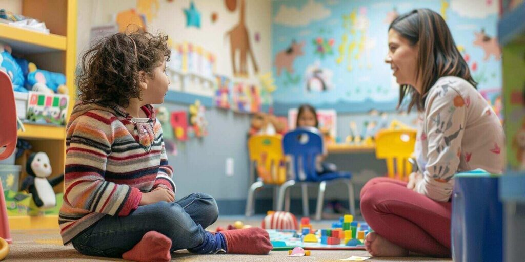 therapy session between a child and a therapist in a play therapy room