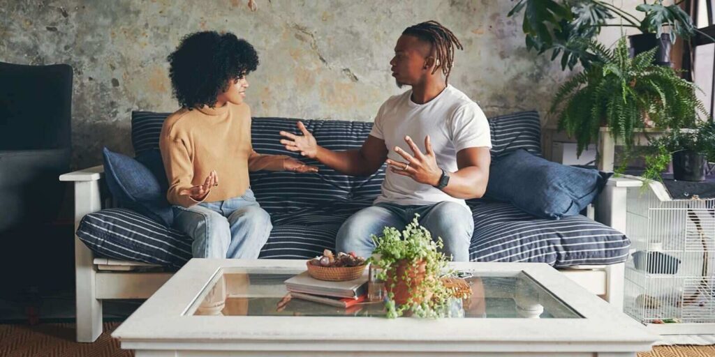 couple, fight and argument in home for divorce