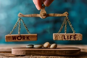 wooden balance scale with work and life text on pebbles highlights work life balance concept