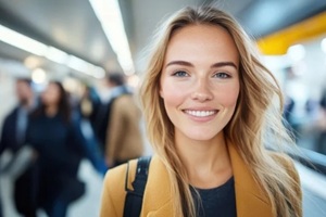 cheerful young woman smiles confidently in a bustling urban environment after couples therapy