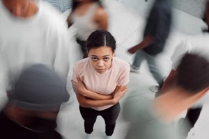 portrait and woman with phobia of people for bipolar terror, addiction or schizophrenia