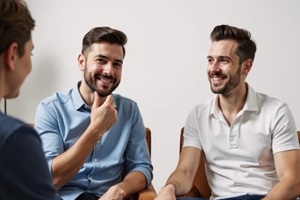 therapist assisting isolated gay couple white highlights