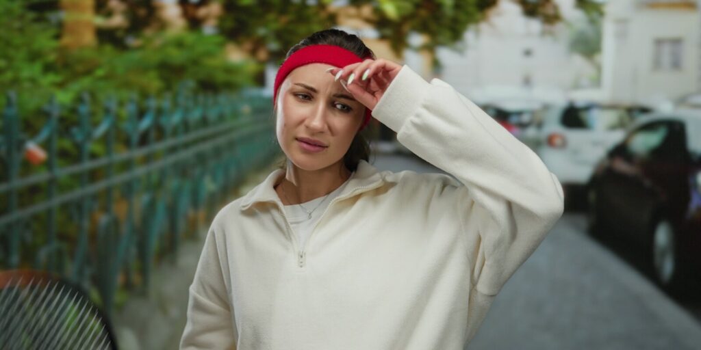 young woman on city street with tennis racket looking confused considering couples therapy, wearing headband and casual white jacket amidst parked cars and green foliage on a sunny day outdoors