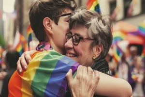 Boy Hugging His Mother in LGBT Pride Parade