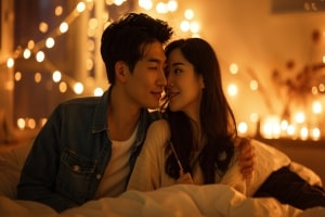 Couple in Softly Lit Bedroom with Candles in Supportive Connection