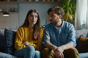 Couple on Sofa in Front of Camera Discussing Their Issues Comfortably