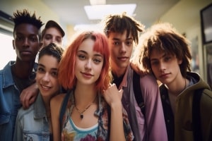Non Binary Group of Teens Friends in School