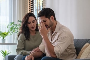 Supportive Couple in Emotional Moment Due to Career Stress