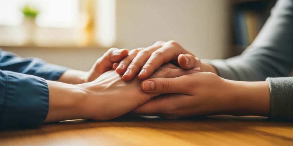 Comforting Hands Holding Trembling Hand with a therapist in Maryland