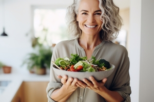 Elderly Woman Holding Healthy Food Bowl with Smile