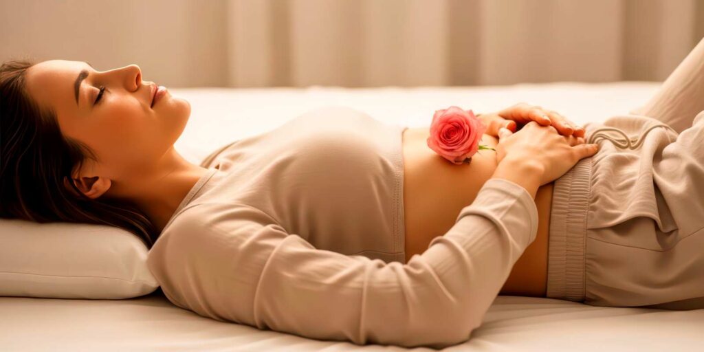 Peaceful Woman with A Pink Rose on Her Abdomen in Menopause in Maryland