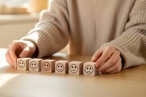 Person Arranging Blocks with Different Feeling Emojis