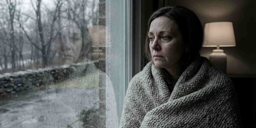 Sad Woman Looking Through Window Winter Depression Seasonal Affective Disorder