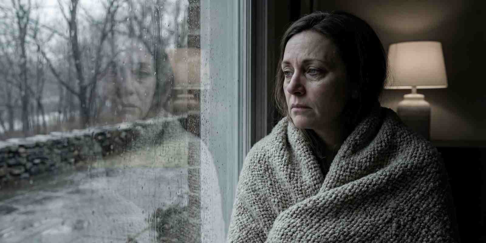 Sad Woman Looking Through Window Winter Depression Seasonal Affective Disorder