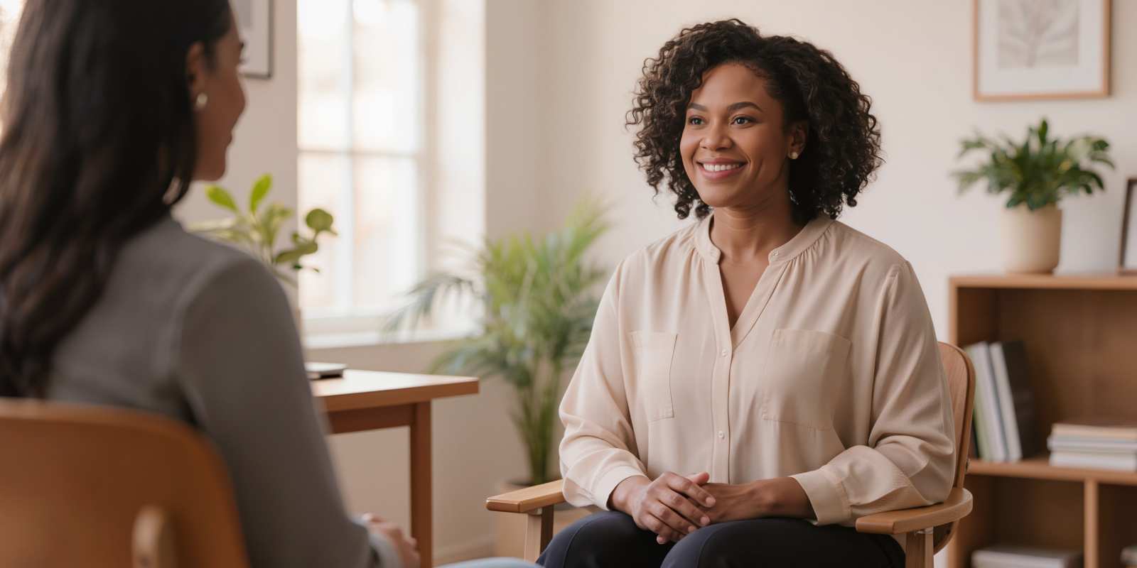 Smiling Female Psychotherapist Talking to Client in Indivisual Therapy