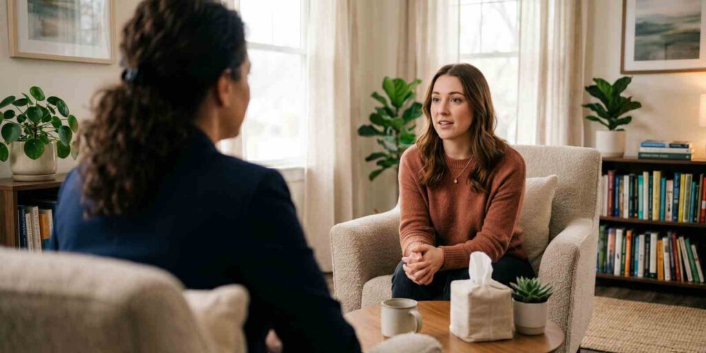 Woman Talking with Therapist in Cozy Office During Session