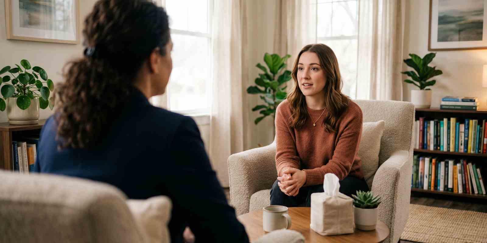 Woman Talking with Therapist in Cozy Office During Session