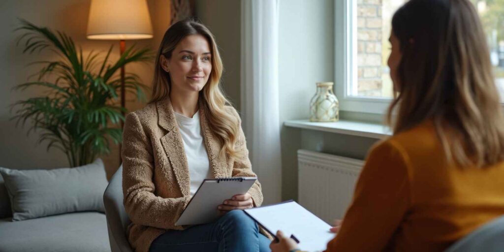 Woman Therapist Listening to Client in Office