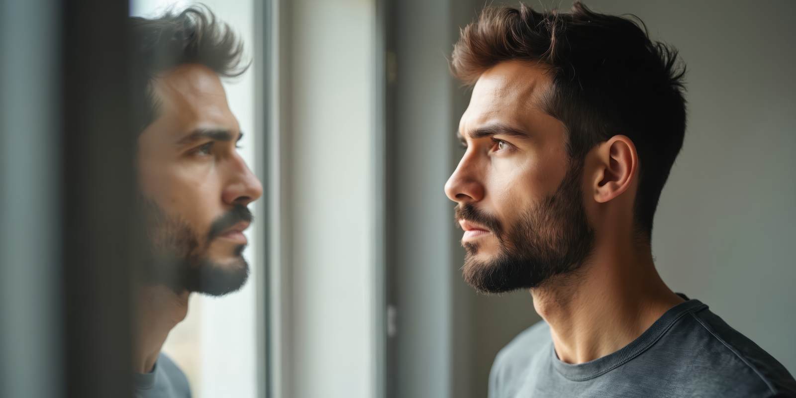 Man Suffering with Self-Sabotaging Looking Himself in Window Reflection