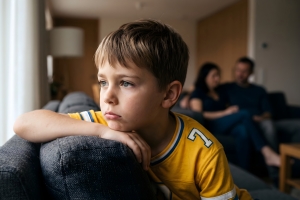 Sad Young Boy Sitting Alone on Sofa While Parents Sitting Together in Background