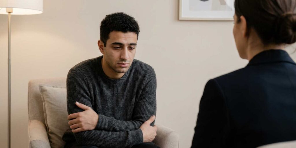Sad Young Man in Indivisual Therapy Session with Female Psychologist