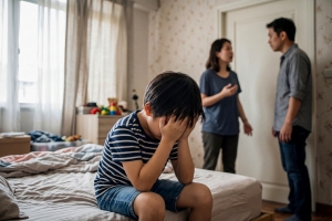 Young Boy Sitting on Bed Covering His Face While Parents Arguing in the Background