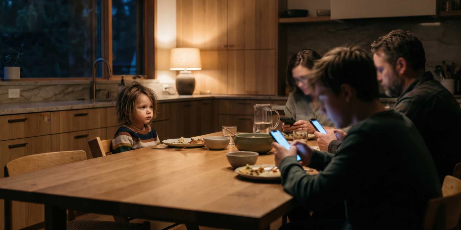 Young Child Feeling Emotional Neglect at Dining Table When All Family Busy with Phones