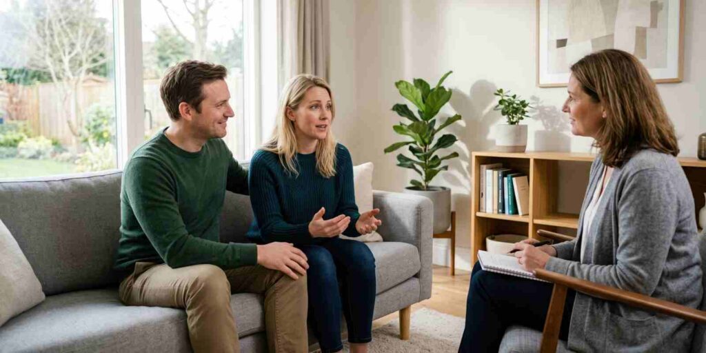 Couple in Premarital Counseling Session Talking to Therapist