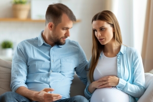 Emotional Conversation Between Pregnant Woman and Upset Man on Home Couch