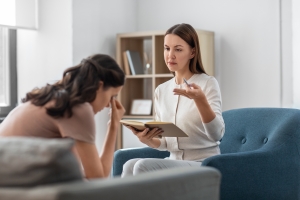 Woman Stressed Due to Caregiver Burnout Having Indivisual Therapy