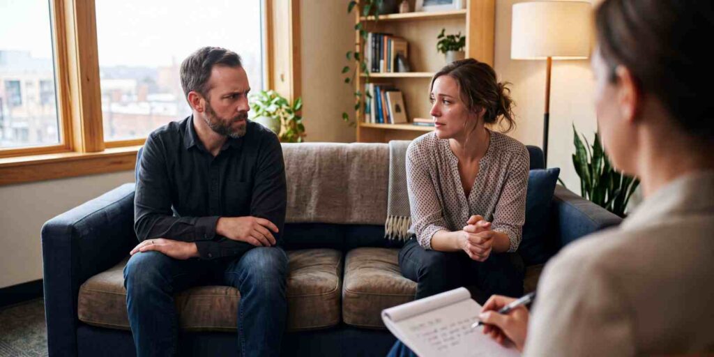 Couple in Therapy Session to Set Boundaries for In-Law Conflict