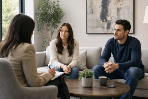 Neurodivergent Couple Listening to Therapist Carefully in Therapy Session