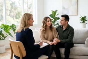 Couple Comforting Each Other in Front of Counselor in Therapy Session