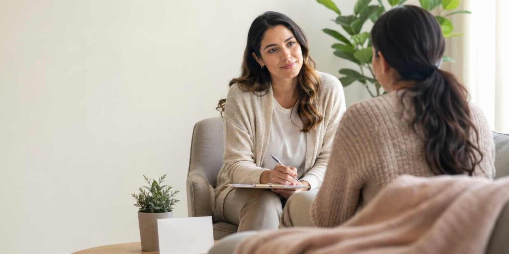 Female Counselor Taking Notes While Listening to Woman on Sofa in Indivisual Therapy